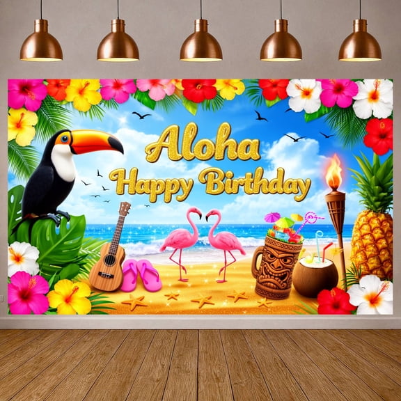 Tropical Floral Aloha Birthday Banner Flamingo Pattern Beach Birthday Backdrop Glitter Gold Lettering Hawaiian Display for Adult Birthday Party Beach Party Hawaiian Themed Event