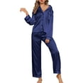 thumbnail image 3 of Womens Silk Satin Pajama Sets with Chest Pockets Notch Collar Two Piece Sleepwear Loungewear Soft Pj Set, 3 of 7