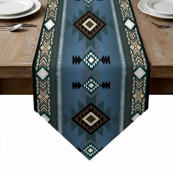 Blue Southwest Table Runner Linen Burlap Table Runner 72 Inches Long Farmhouse Boho Aztec Abstract Geometric Dresser Scarves for Kitchen Island Coffee Dining Room Party Holiday Decoration 16"x72"