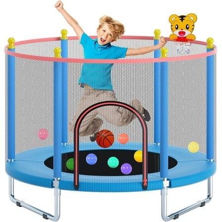 Telawah 55" Trampoline for Kids with Safety Enclosure Net and Basketball Frame(Blue）