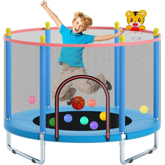 Telawah 55" Trampoline for Kids with Safety Enclosure Net and Basketball Frame(Blue)