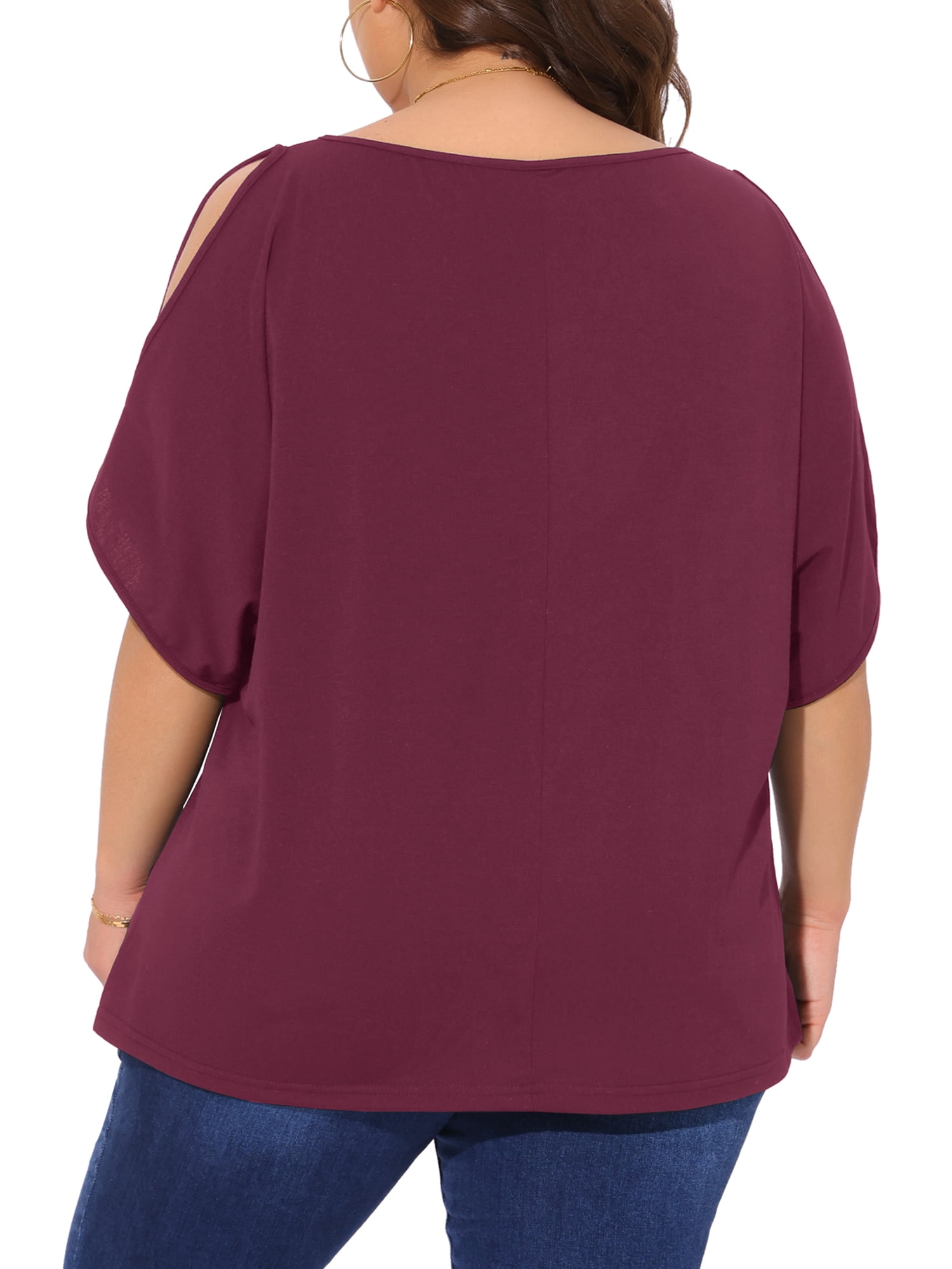 DARING DIVA Women's Plus Casual Crew Neck Cold Shoulder Summer Blouse 4X Burgundy