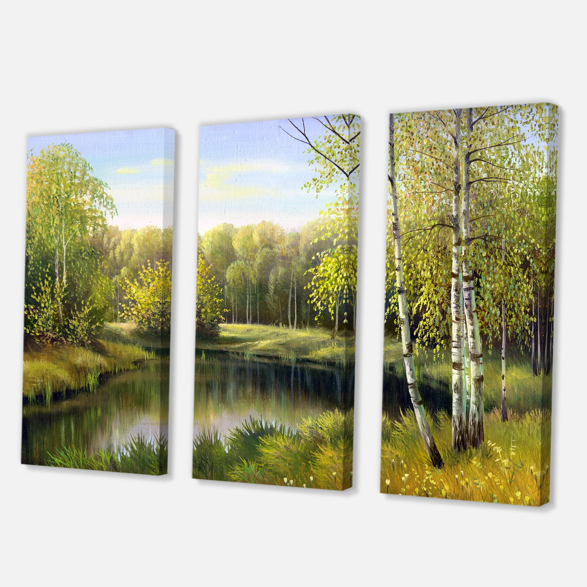 Designart ' The River In Silent Green Nature Through Birches ' Traditional Canvas Wall Art Print