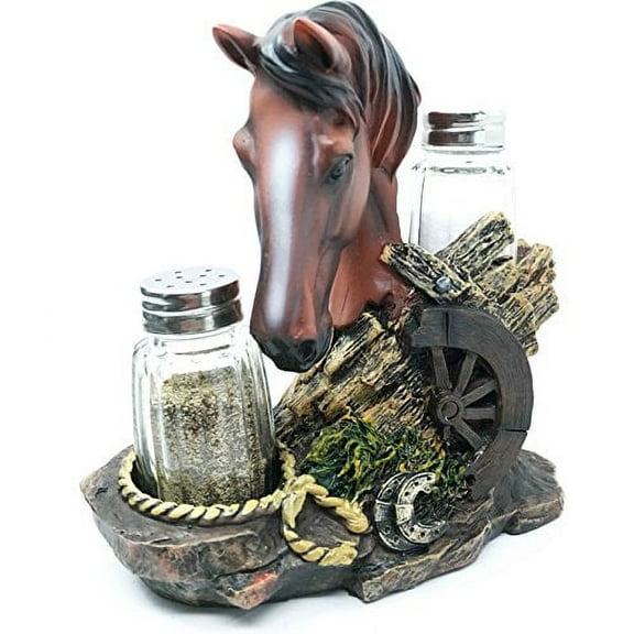 Western Decor Wagon Chestnut Stallion Horse Salt Pepper Shaker Holder Figurine