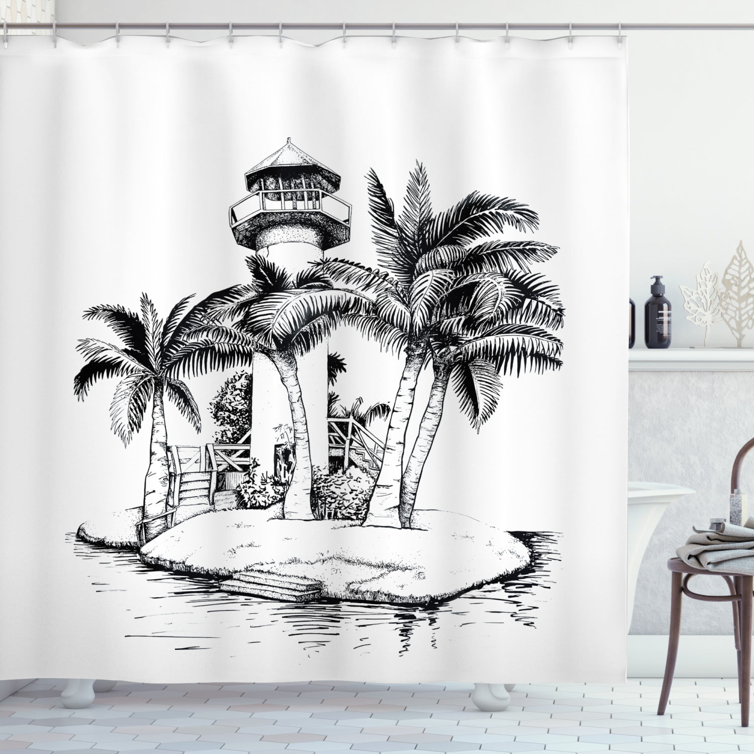 Tropical Beach Desert Island Blue Sea Palm Trees Bathroom Shower Curtain 
