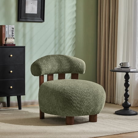 Olive Green,Walnut Olive Green Boucle Fabric Accent Chair - 29.00 in Seat for Living Room, Bedroom, or Reading Nook