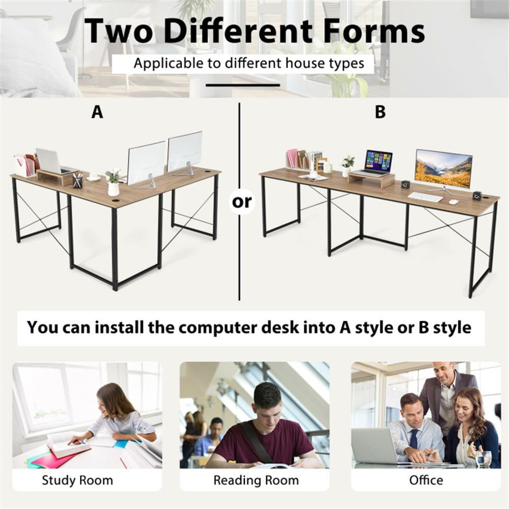 Demi Bonn 95" 2-Person L-Shaped Long Reversible Computer Desk with Monitor Stand, Small Home Office Desk Study Writing Table, Natrual