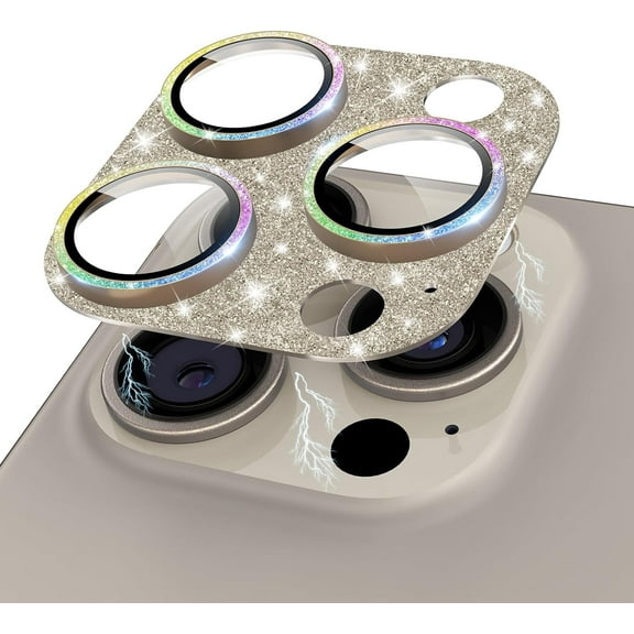 for iPhone 15 Pro/iPhone 15 Pro Max Camera Lens Protector Glitter Plus 9H Tempered Glass Screen Case Friendly Camera Cover for iPhone 15 Pro Max Titanium Glitter Gold Colorful