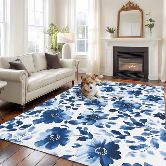 Blue Flower Large Area Rugs 8x10 ft Vintage Watercolor Spring Washable Rug Non Slip Indoor Carpet Absorbent Floor Mat for Living Room Bedroom Dining Room