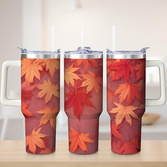 Autumn Leaf Red Orange Stainless Steel Insulated Mug with Lid and Handle, 30oz