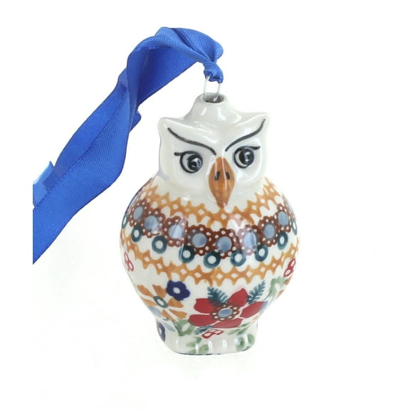 Blue Rose Polish Pottery Red Daisy Owl Ornament
