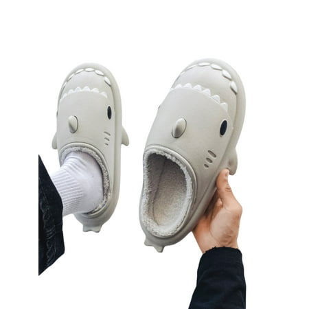 

Pudcoco Couple Matching House Slippers Nonslip Shark Plush Warm Slippers with Thick Sole