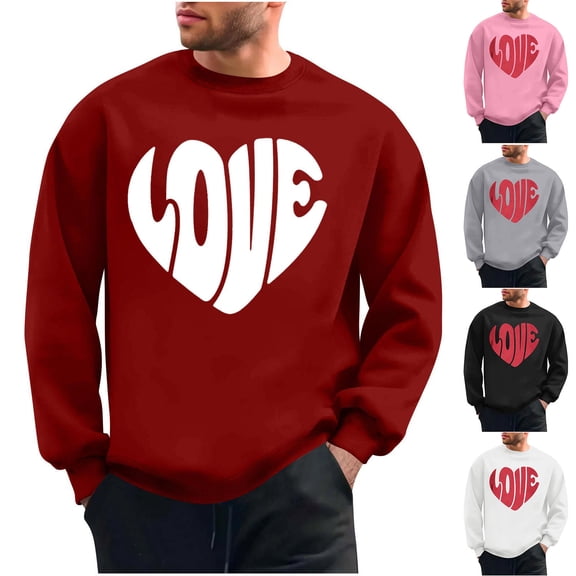 Eryao Valentine Day Sweatshirts for Men Big and Tall Long Sleeve Round Neck Pullover Tops Cute Love Heart Print Graphic Shirts,Black,M