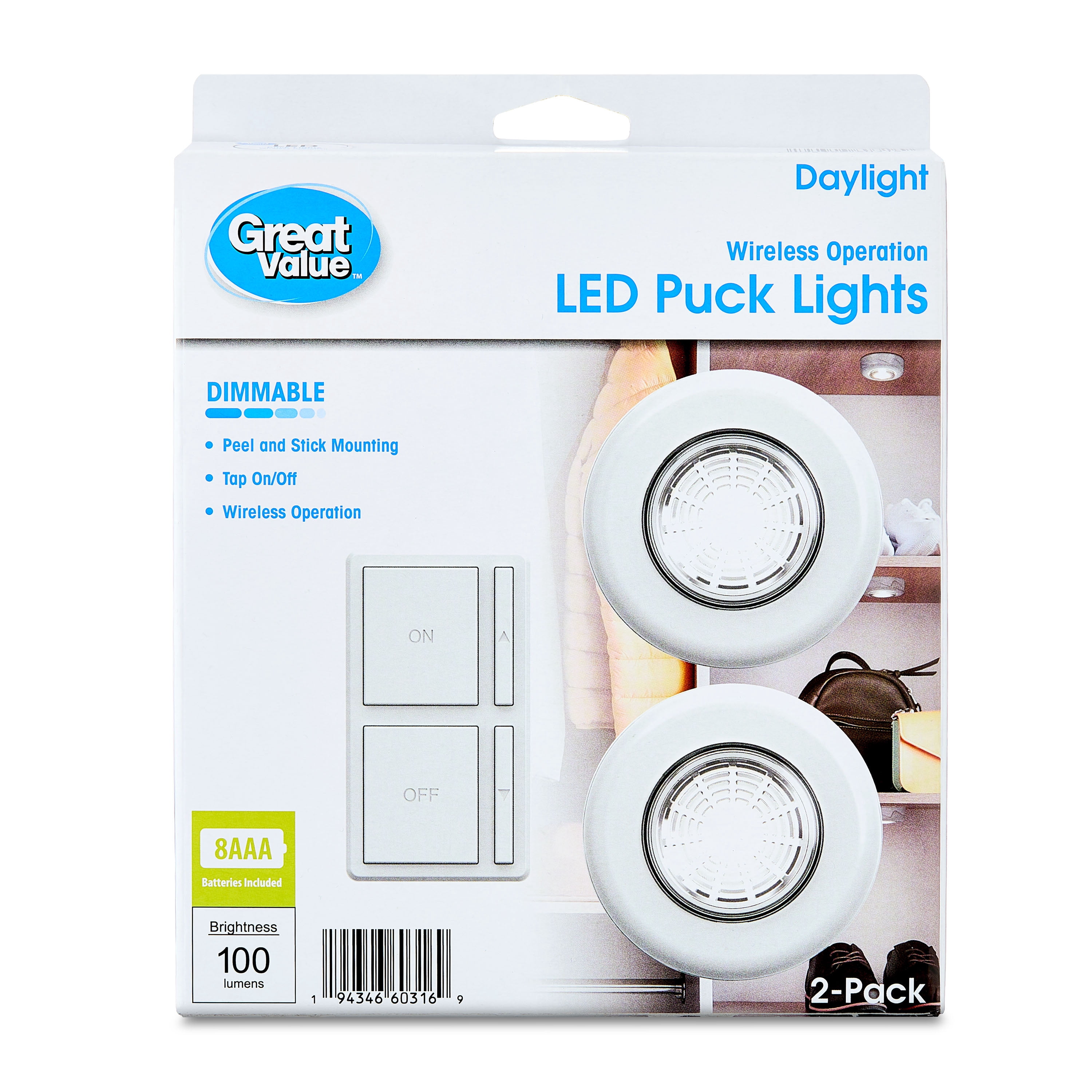 Great Value Wireless LED Puck Lights with Wall Switch, 2 Pack