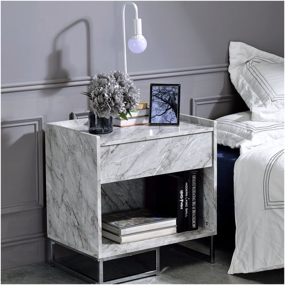 White Faux Marble Accent Table with Drawer, Modern Chrome Side Table for Living Room
