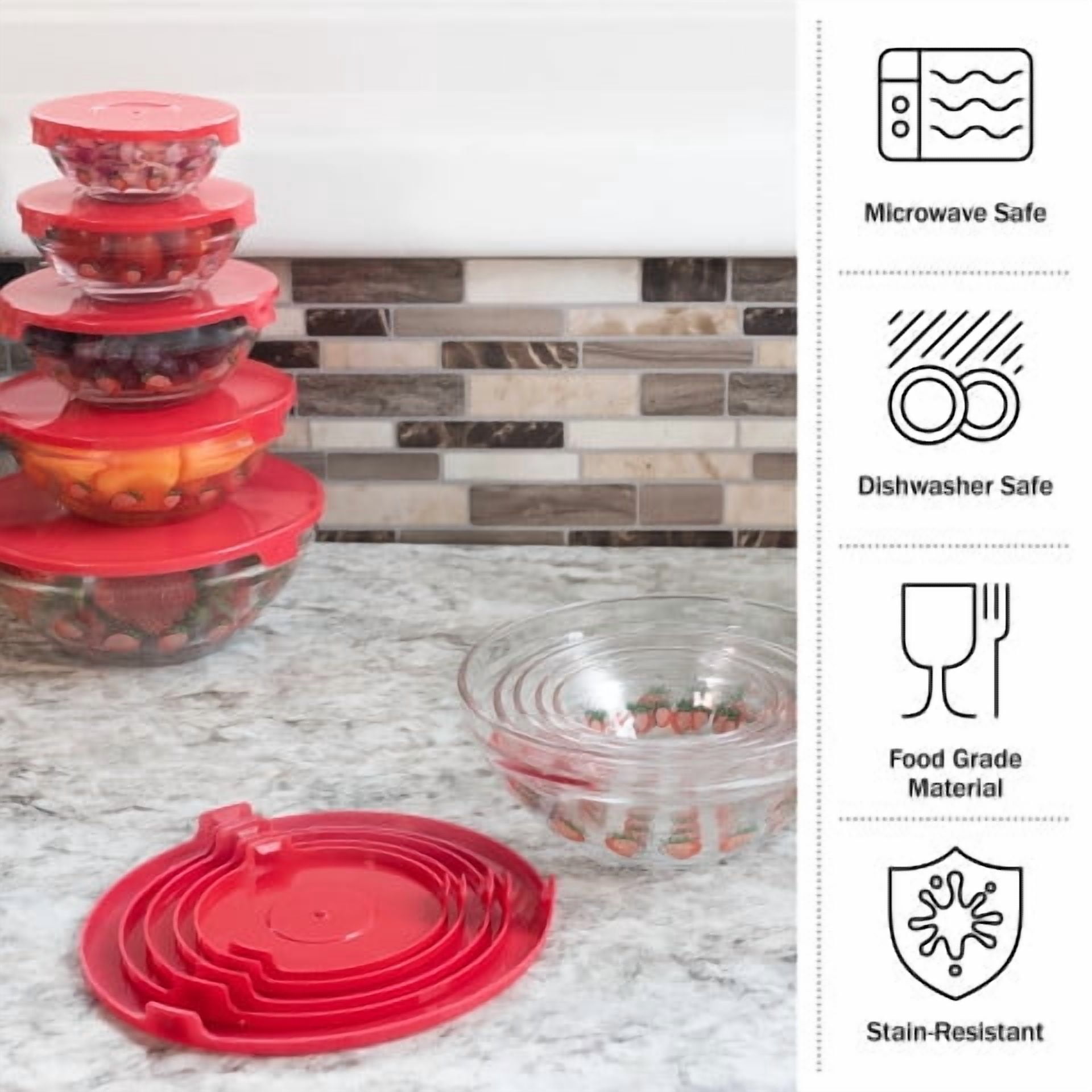 Chef Buddy 20-Piece Clear Fruit Design Glass Food Storage Bowl and Lids Set