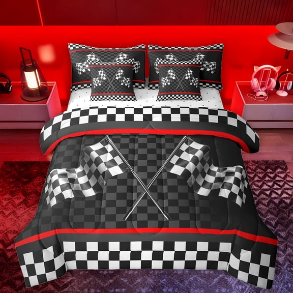 Manfei Racing Flag 7-Piece Twin Bedding Sets,Speed Sport Bedding Comforter Set,White Black Plaid Sheet Sets For Boys Teens,Super Cozy Room Decor