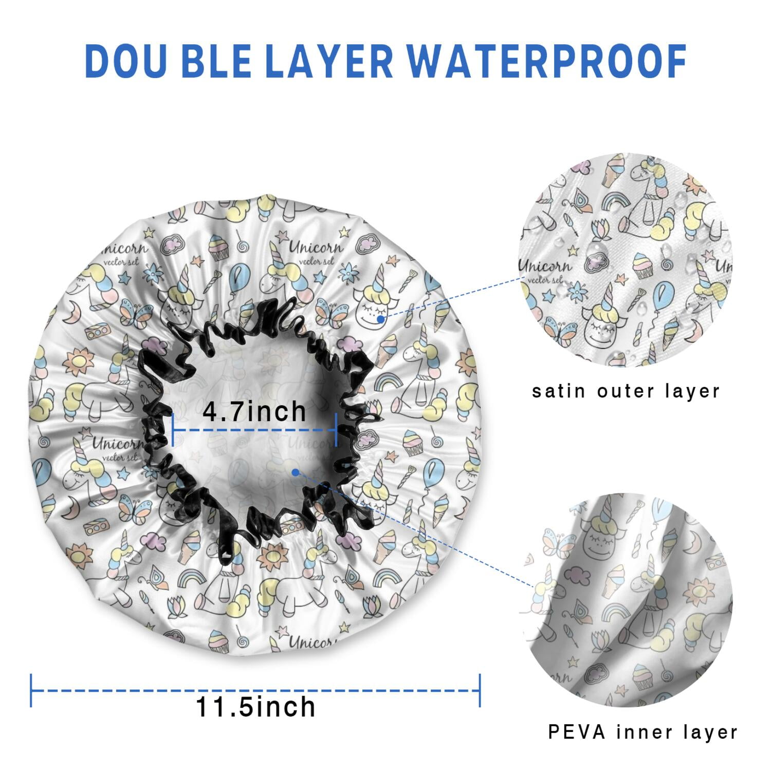 Shower Caps,White Unicorn Dessert Pattern Waterproof Shower Cap for Women 4 Pieces,Double Reusable Hair Cover for Shower PEVA Elastic Stretch Hem
