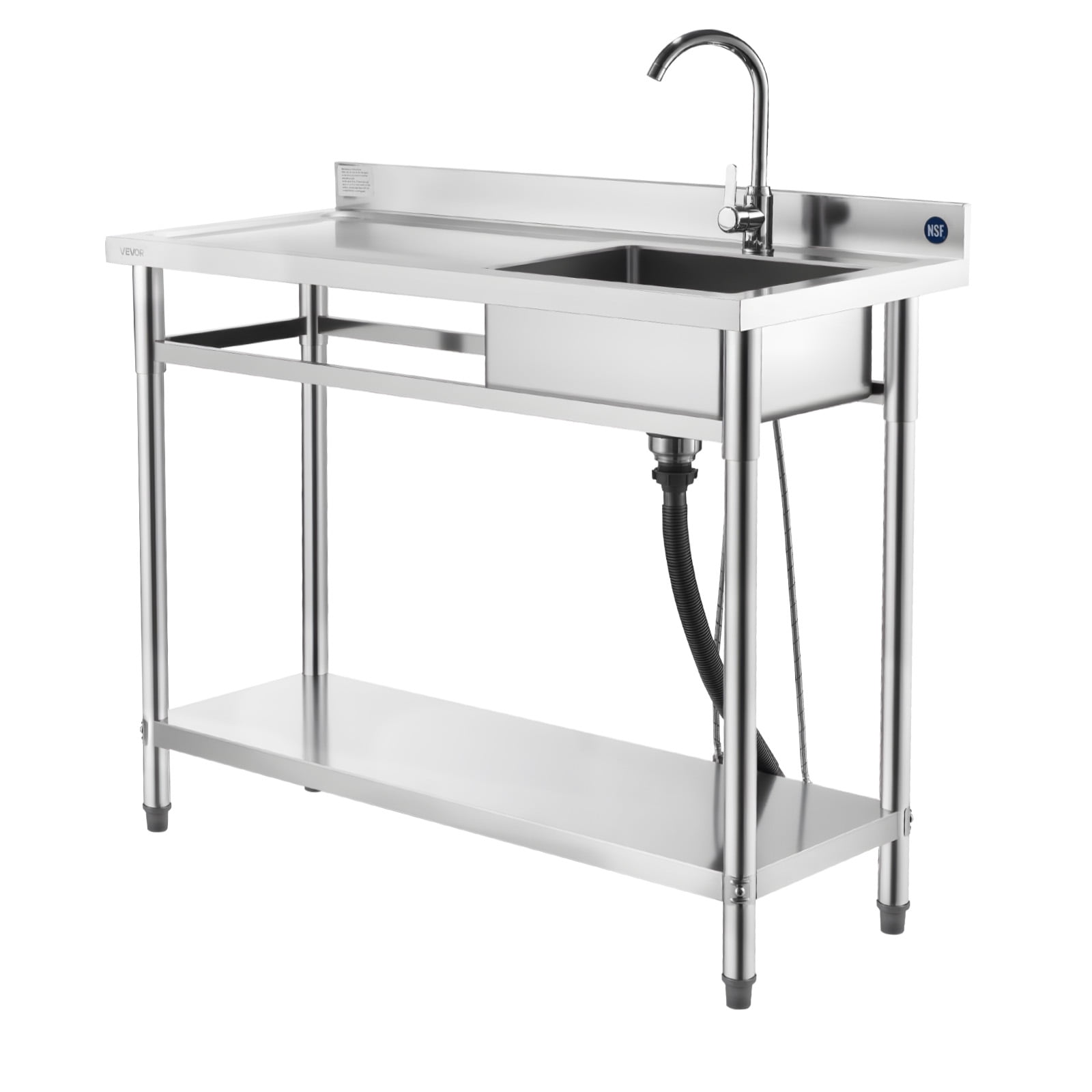 VEVOR Stainless Steel Utility Sink, Free Standing Single Bowl Commercial Kitchen Sink with Faucet, Utility Left Basin Workbench with Hot & Cold Water Pipe for Garage Restaurant Laundry, 47x19.7x37 in