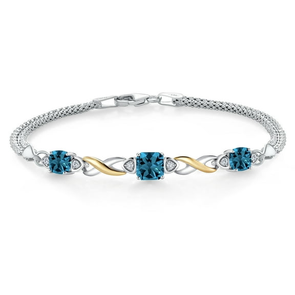 925 Silver and 10K Yellow Gold London Blue Topaz and White Lab Grown Diamond Bracelet for Women (2.59 Cttw, Gemstone November Birthstone, Cushion 6MM and 5MM , 6.5/7/7.5 inch, Made in Italy)
