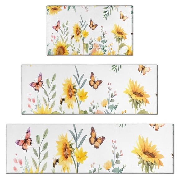 White Butterfly Bee Sunflower Pattern Kitchen Rugs Sets Of 3,Kitchen Runner Rugs Non Skid Washable,Decorative Kitchen Floor Mats for Kitchen,Sink,Laundry,17"x30" 17"x47" 17"x59"