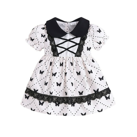 Odeerbi Infant Girls Summer Retro Vintage A-Line Dress Cute Peter Pan Collar Lace Cotton Dresses Sweet Short Sleeve Dress Infant Girls Clothes