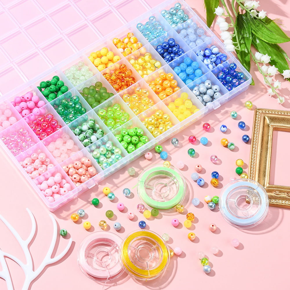 1 Set DIY Candy Color Bracelet Making Kit Including Acrylic Round & Imitation Pearl Beads Elastic String Mixed Color Beads: 800Pcs/set