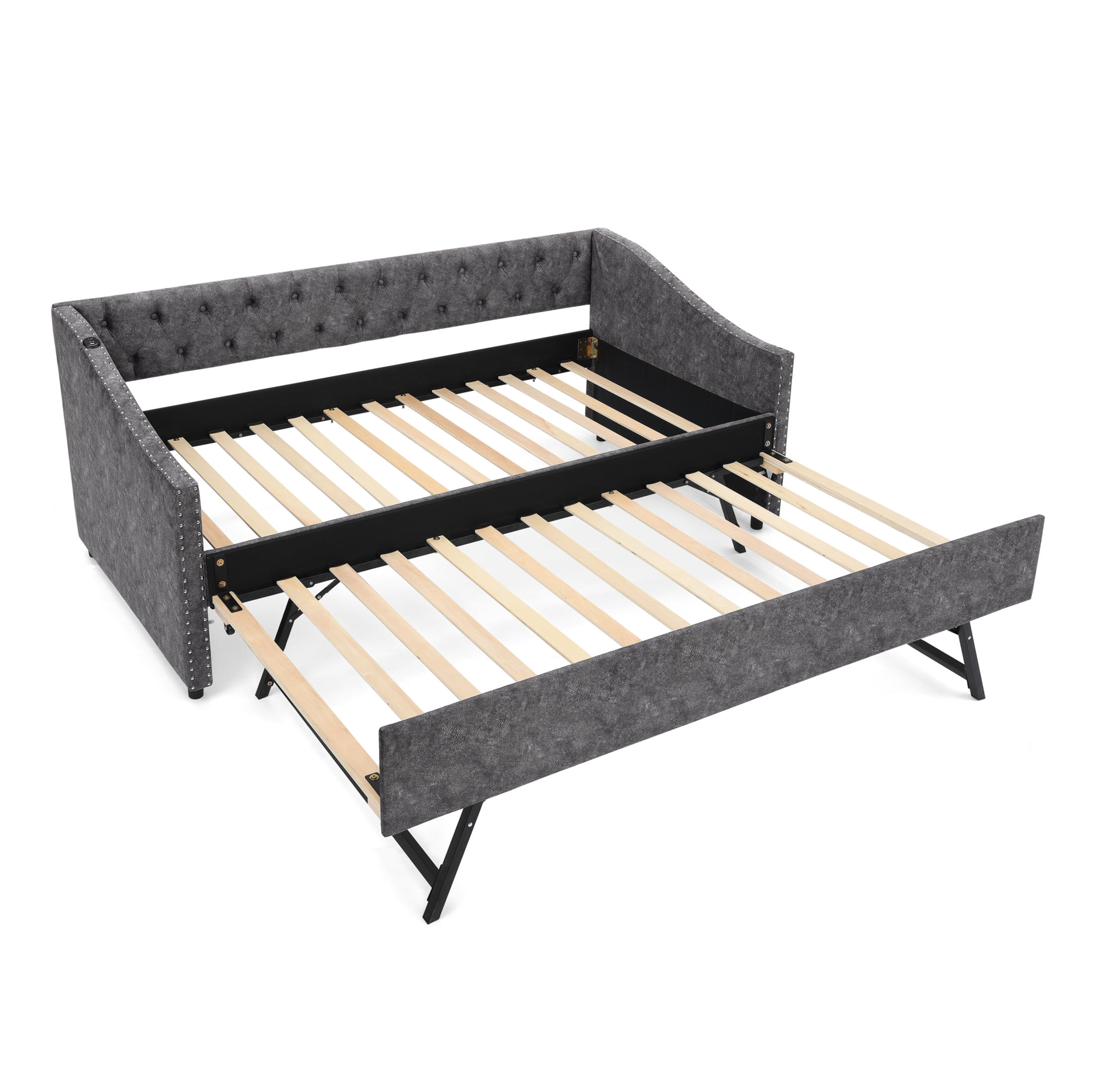Noble House Liza Twin Size Upholstered Tufted Daybed, Extendable Pull-out Double Bed Frame with Charging Port, Grey