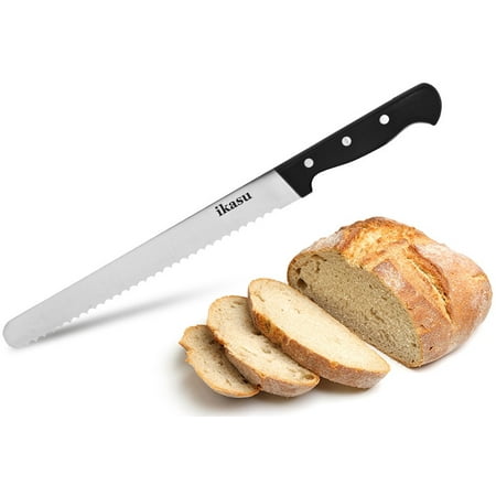 ikasu 10 inch Bread Knife | Sharp Stainless Steel Serrated Edges, Full Tang Blade | Durable