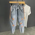 thumbnail image 3 of Pantalones vaqueros con agujeros para hombre, pantalones rotos, vaqueros para hombre, rasgados, harén, empalmados, recortados, estilo coreano, moda de verano original, 3 of 4