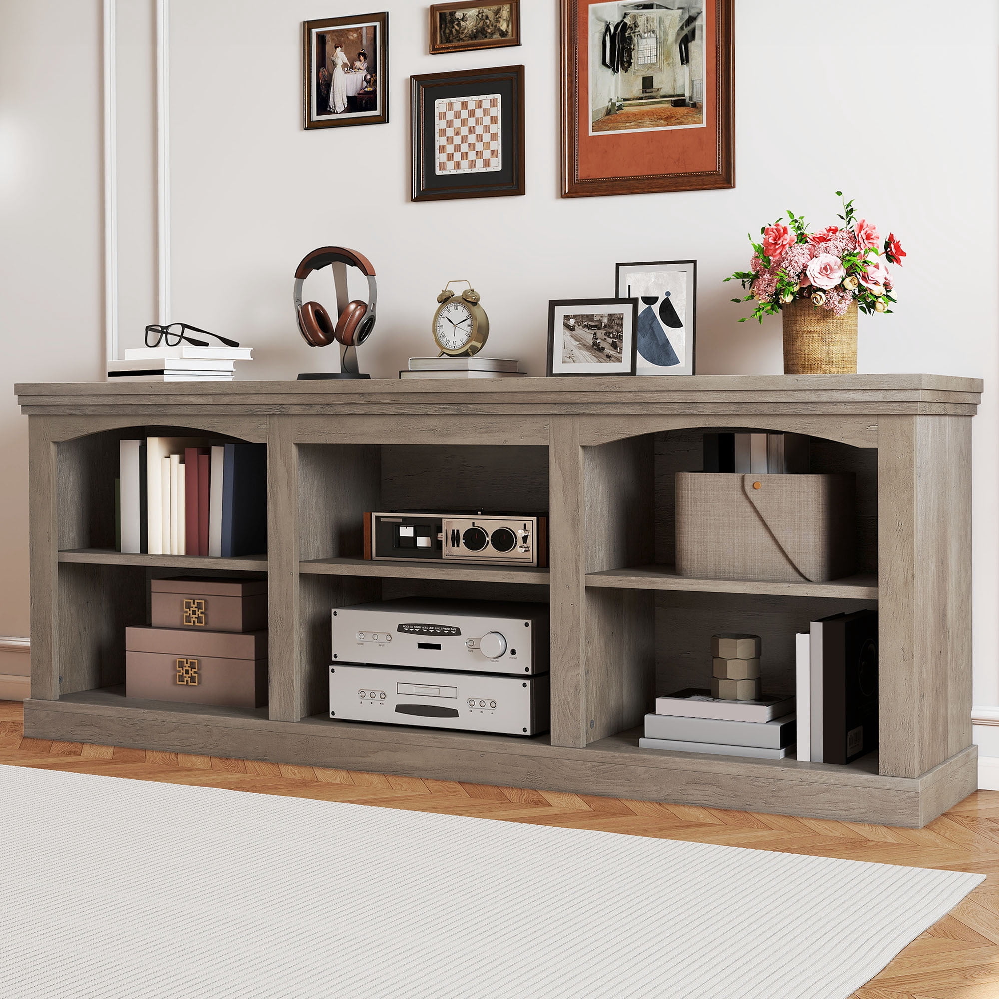 Uforic 70" TV Stand for 80 Inches TV, Farmhouse Entertainment Center with Adjustable Shelf & Storage Cabinets, Washed Gray