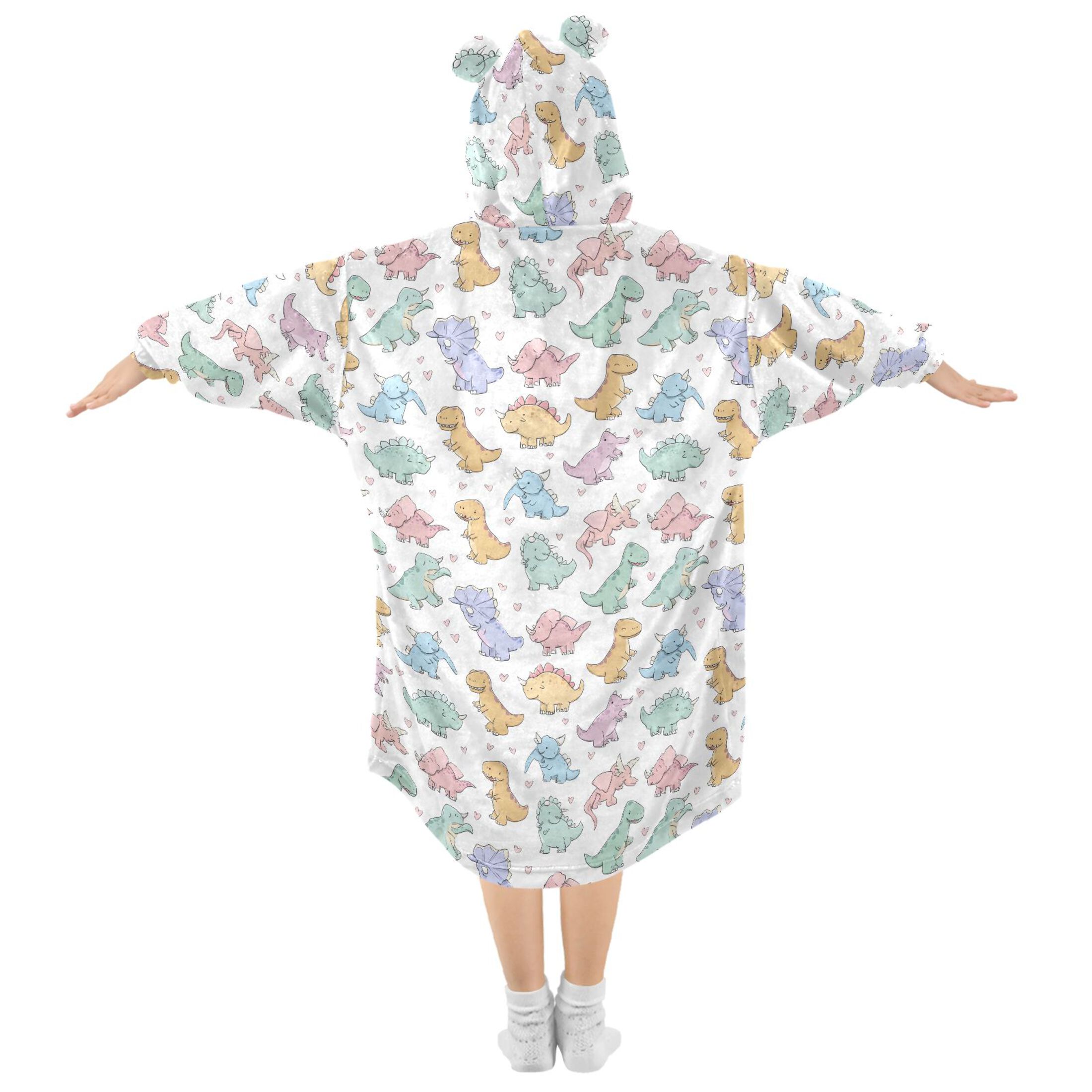Wearable Blanket Hoodie for Kids Cute Cartoon Dinosaur Flannel Hooded Blanket with Pockets and Sleeves Suitable for Boys and Girls