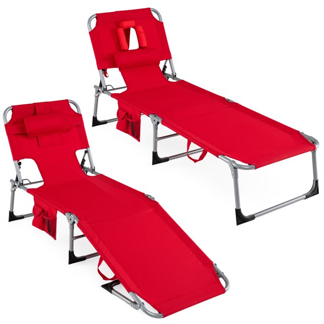 Gymax 2PCS Tanning Chair w/4-Position Adjustable Backrest Face Arm Holes & Pocket Red