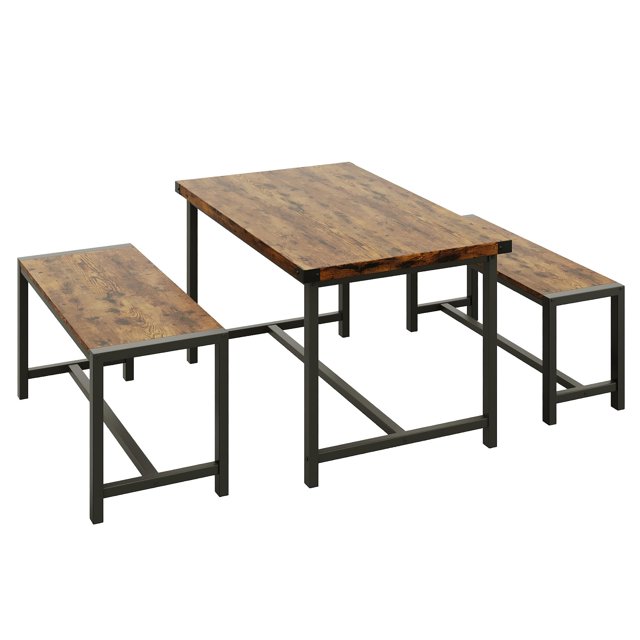 Kojooin 3 Piece Dining Table Set for 4, Kitchen Table with 2 Benches, Rectangular Rustic Small Space Furniture for Apartment or Studio
