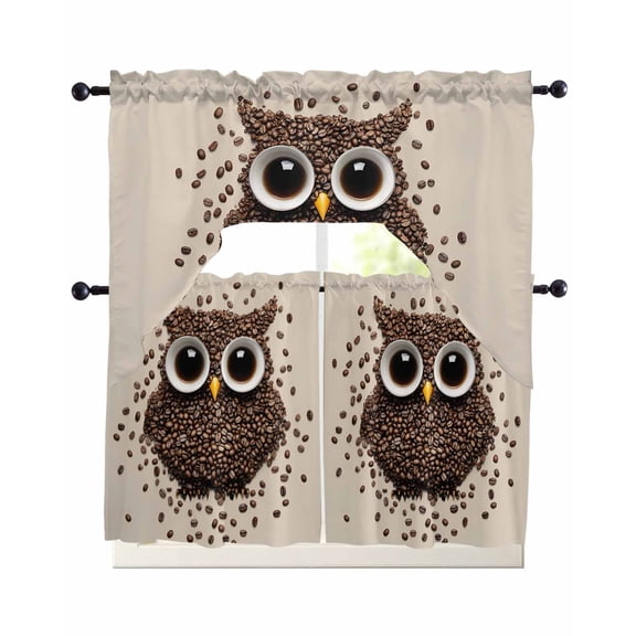 Coffee Owl Swag Curtains for Living Room/Bedroom Windows, Cute Bird Big Eyes Animals Brown Beans Kitchen Curtains and Valances Set 36 Inch Length, Light Filtering Swags Valance Curtain Panels