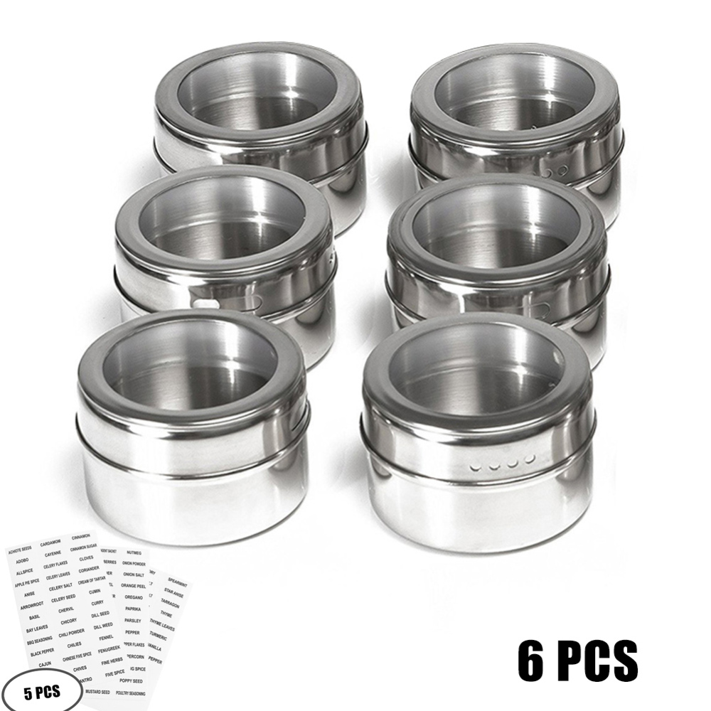 6pcs / Set Clear Lid Magnetic Spice Jar Stainless Steel Spice Sauce Storage  Container Pots Kitchen