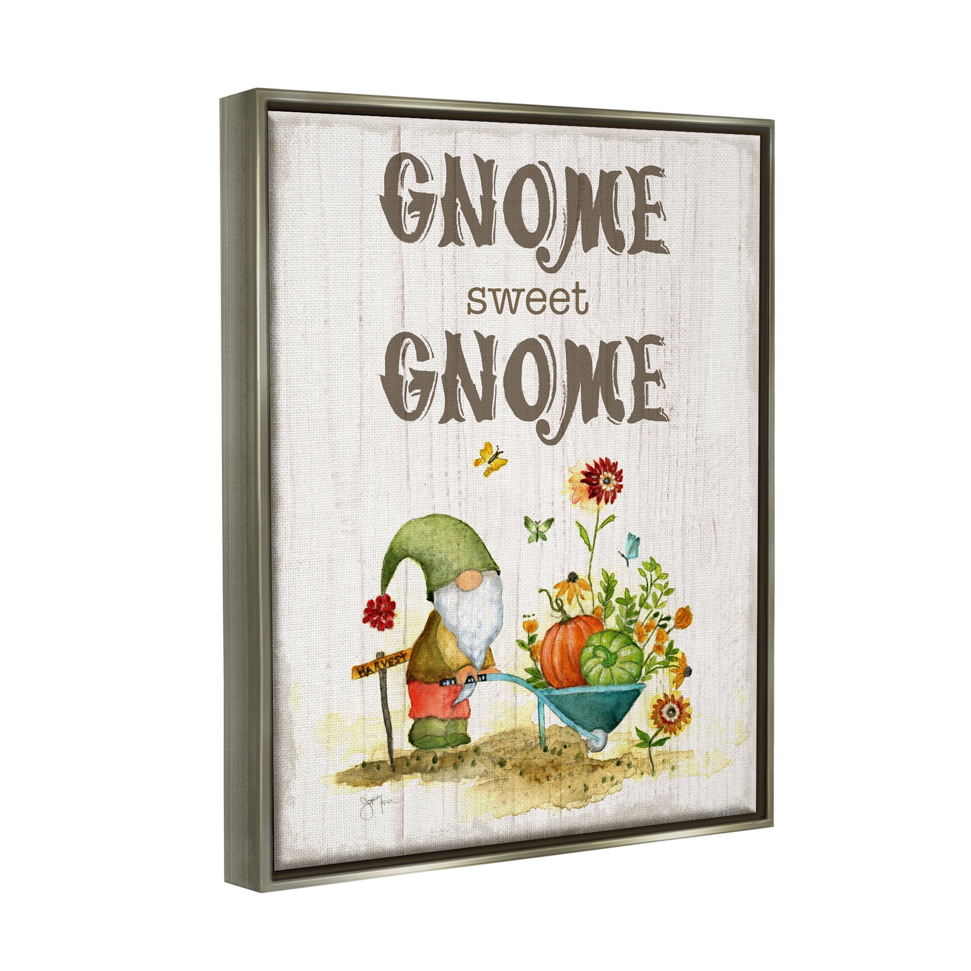 Stupell Industries Sweet Gnome Floral Harvest Botanical & Floral Painting Gray Floater Framed Canvas Art Print Wall Art, 25 x 31