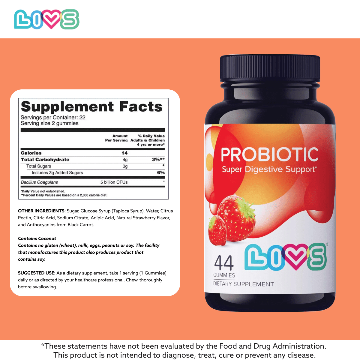 LIVS Probiotic Gummies for Women and Men – 5 Billion CFUs Bacillus Coagulans for Digestive Gut Health, Mood Support & Immune Boost | All Natural, Plant-Based, Vegan, Strawberry Flavor - 88 Count