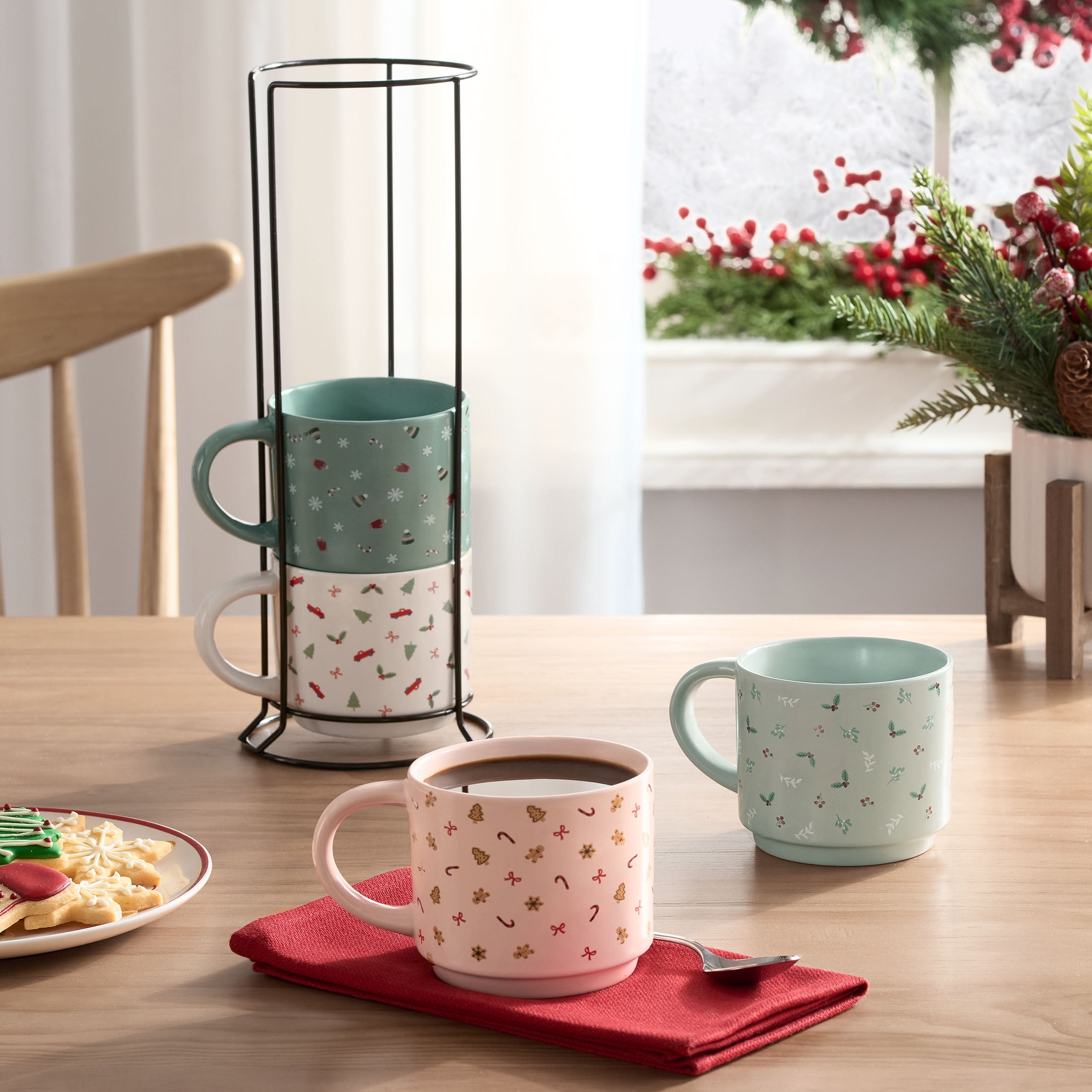 Holiday Time 11-oz Holiday Ditsy Print Glazed Stoneware Ceramic Stacking Mug Set with Metal Rack
