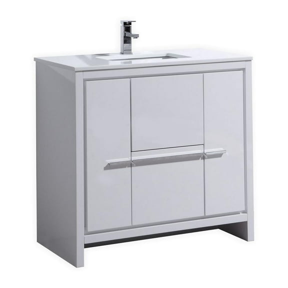 Kubebath 36″ High Gloss White Modern Bathroom Vanity with White Quartz Counter-Top