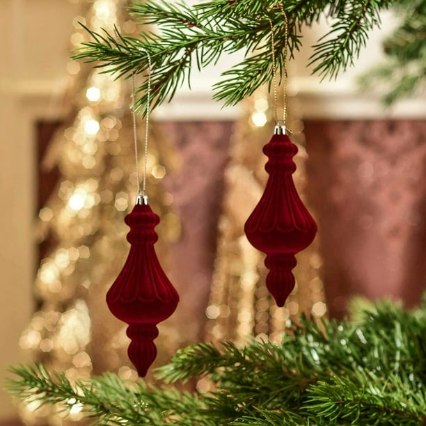 Vintage Style Flocked Velvet Christmas Ornaments Set of 2, Conical Shaped Decorative Balls for Holiday Tree Decor