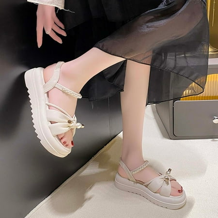 

Tejiojio Women s Home and Outdoor Sandals Womens Fashion Wedge Sandals Thick Bottom Pearl Decoration Bowknot Casual Sandals