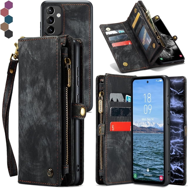 Funda Billetera para Samsung Galaxy A54, Funda de Cuero con Cremallera en Folio, Billetera con Correa para Tarjetero, Muñequera, Funda Trasera Protectora Magnética Desmontable
