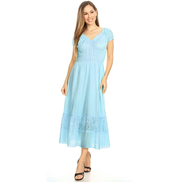 Robe Maxi pour Femme, Style Bohème Renaissance Paysanne, Manches Cap, Bordure en Dentelle, Bleu Pâle, Moyen