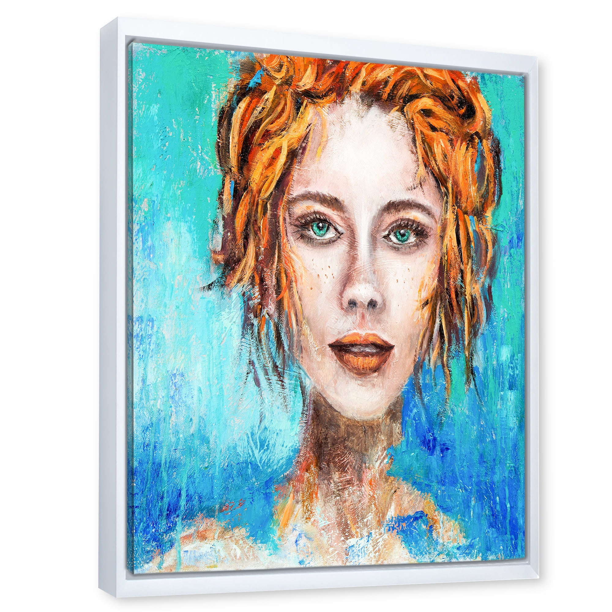 A Woman Face With Red Hair And Green Eyes 30 in x 40 in Framed Painting Canvas Art Print, by Designart