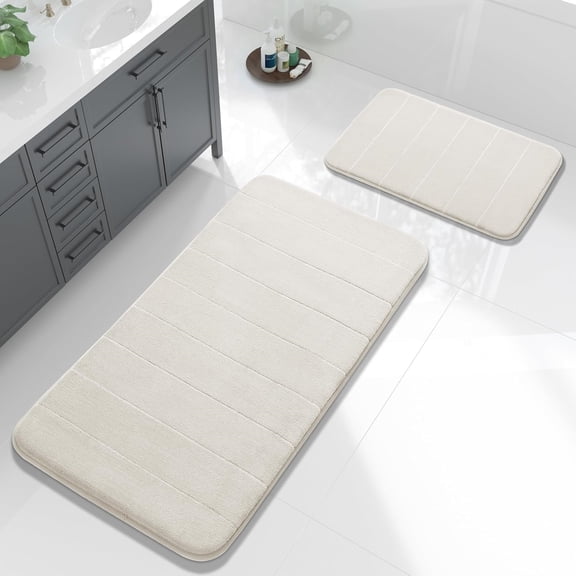 Large Bath Mat Set 2 Piece- Super Soft Absorbent Quick Dry Memory Foam Bathroom Rugs, Machine Washable Non Slip Floor Carpet for Tub Shower & Double Vanity (17x24 & 44x24, Cream White)