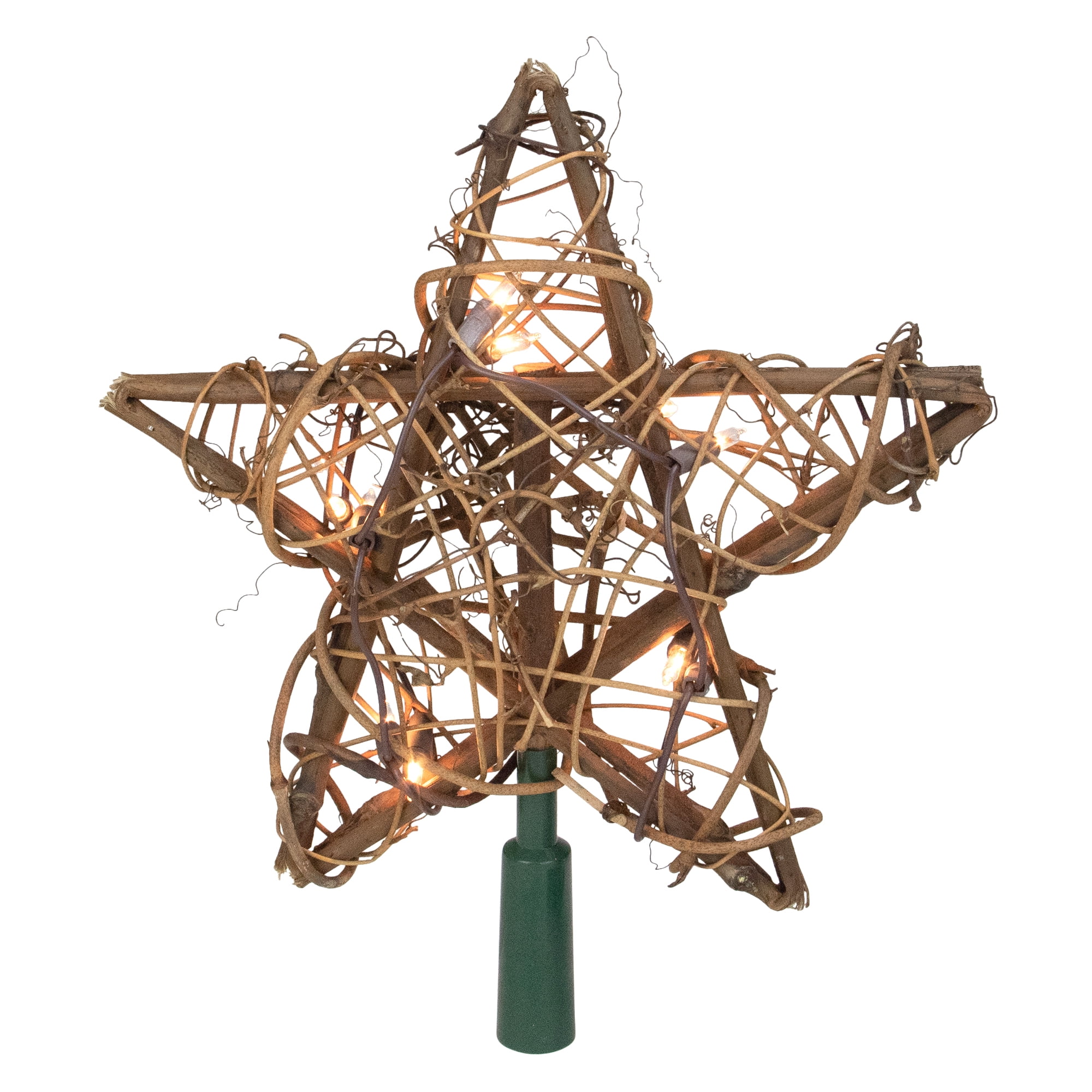 9" Natural Rattan 3D Star Christmas Tree Topper Clear Lights