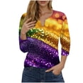 thumbnail image 3 of BiZtdJrK 2025 Mardi Gras Shirt for Women New Orleans Carnival Theme Outfits 3/4 Sleeve V Neck Blouse Tshirt Parade Costume Tops Purple S Big Sale Days, 3 of 6