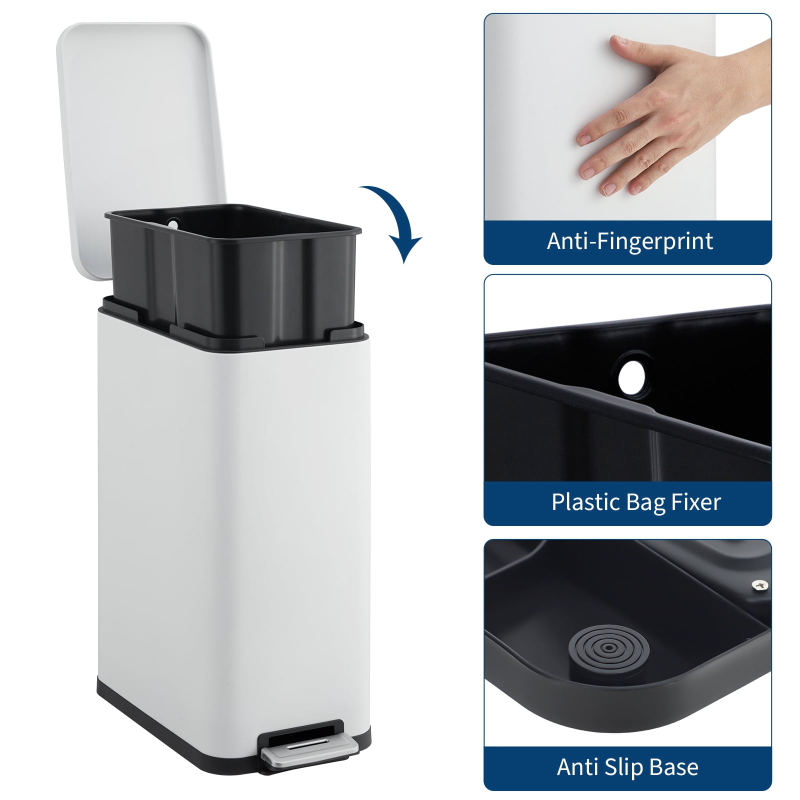 Ataucjin 13 Gallon Step Trash Can, Stainless Steel Kitchen Garbage Bin with Soft-Close Lid & Removable Inner Bucket, Fingerprint-Resistant Slim Rectangle Design for Narrow Spaces