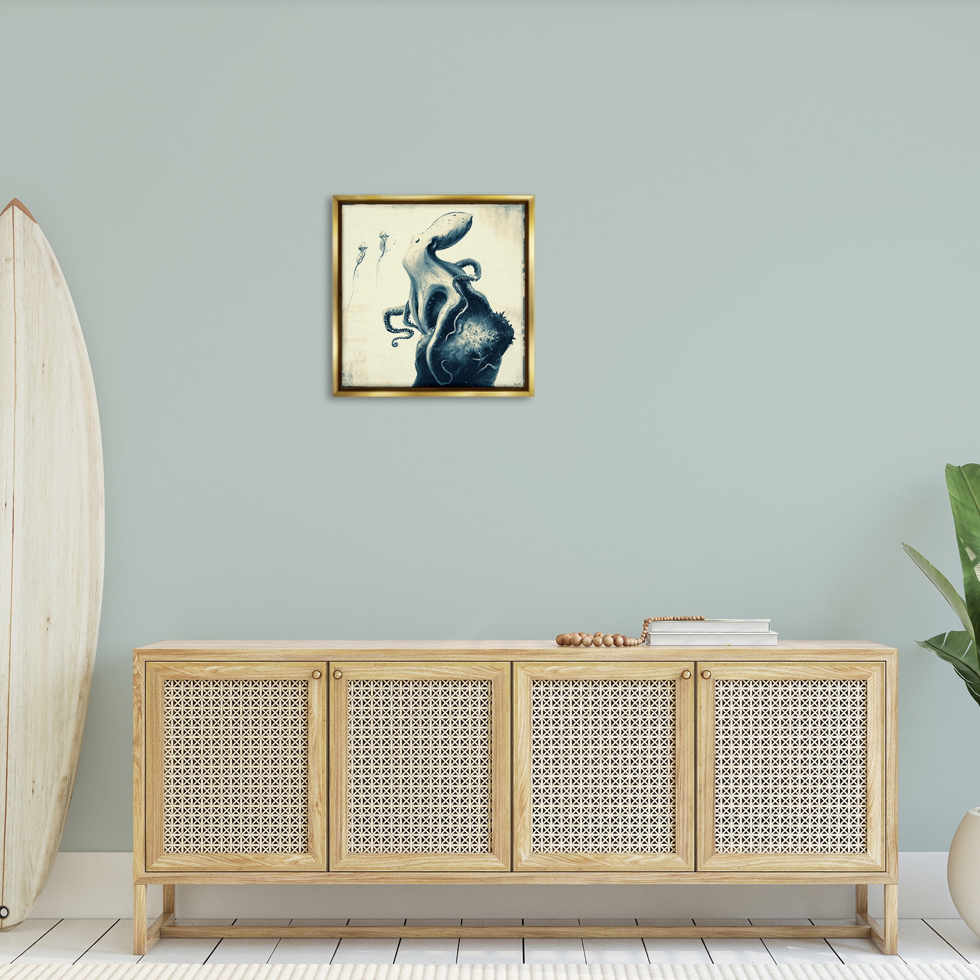 Stupell Industries Vintage Octopus & Jellyfish Animals & Insects Painting Gold Floater Framed Canvas Art Print Wall Art, 25 x 25
